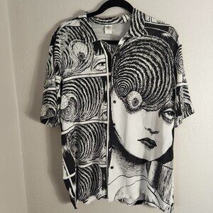 Men's Junji Ito Uzumaki Black White Manga Goth Alternative Button Up Shirt Large